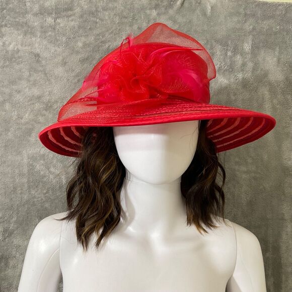Fancy Wide Brim Derby Church Wedding Straw Hat Women's OS Red Feather Satin bow - Picture 1 of 11